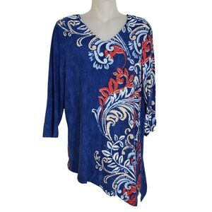 Chico's Womens Top Size 0 Small Tunic Boheme Scrolls Asymmetrical V Neck 3/4 Slv